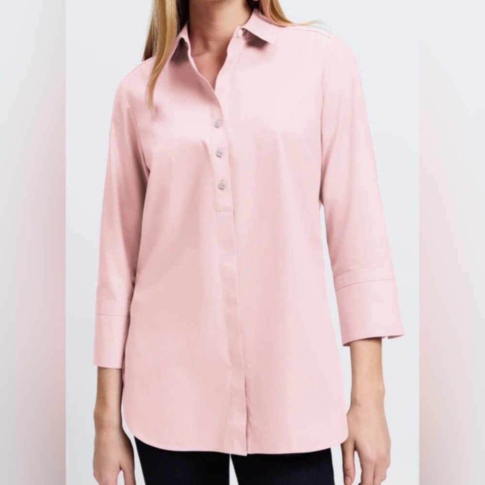 Foxcroft No Iron 3/4 Sleeve Tunic Pink Women's Button Down Top Blouse Size 12
